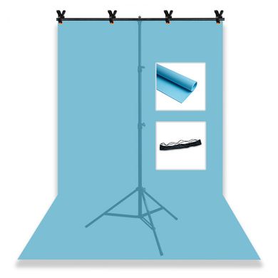 Набір для зйомки devicity: Блакитний ПВХ фон для фото GALE Р4 1.5×2 м + Стійка тримач для фотофона Linko Zenith 1.5×2 м